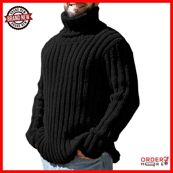 Men's Chunky Thermal Turtleneck Sweater Ribbed Cable Knit Pullover